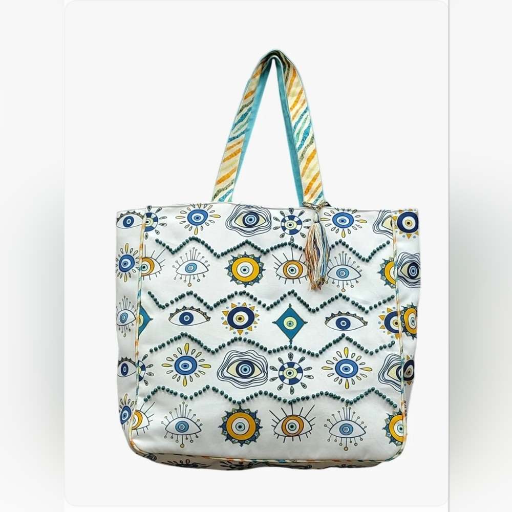 NEW X-Large Decorated/Beaded Canvas Tote Bag w/Unique Eye Design